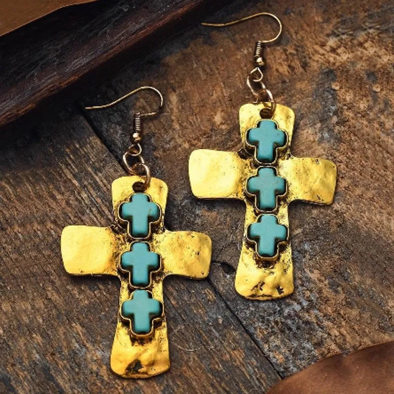 Boho Hammered Cross Drop Earrings