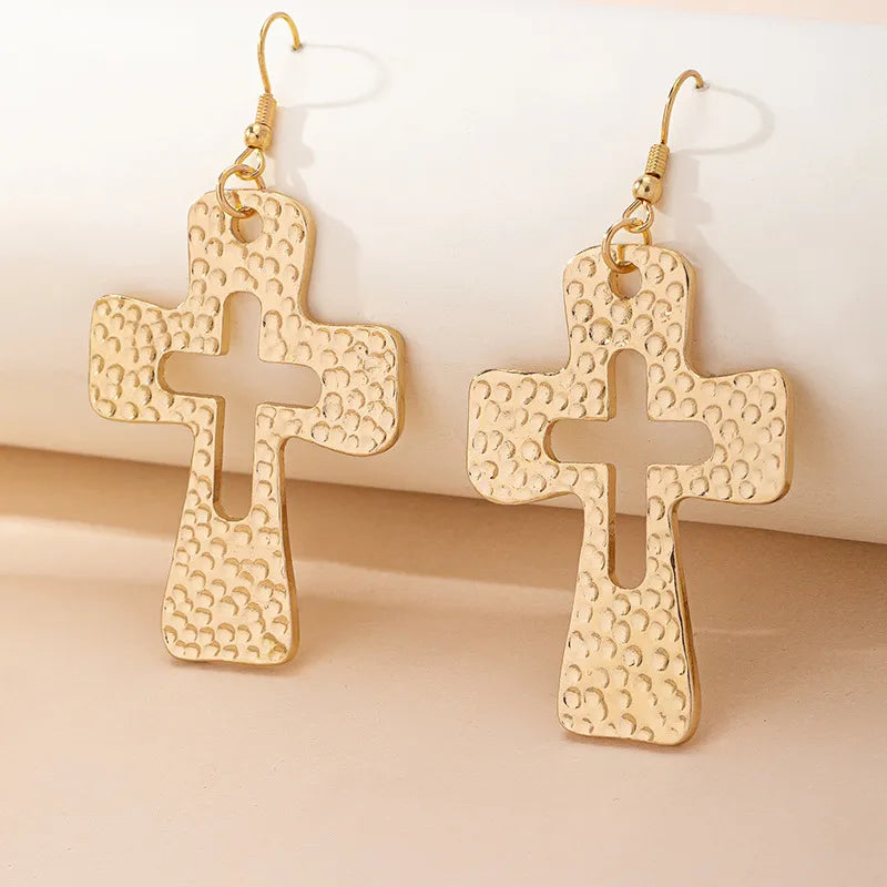 Golden Hammered Cross Statement Earrings Earrings