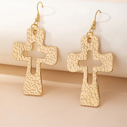 Golden Hammered Cross Statement Earrings Earrings
