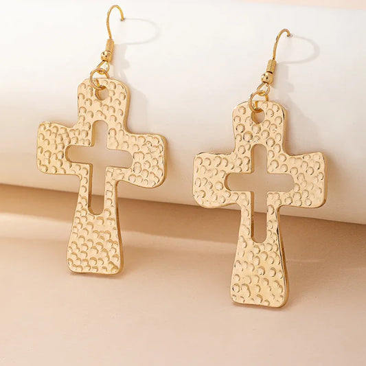 Golden Hammered Cross Statement Earrings Earrings