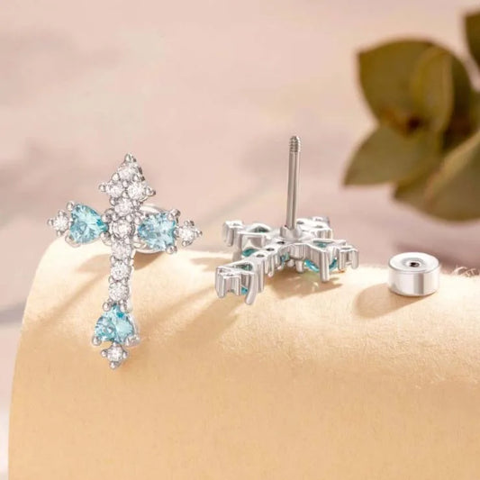 Silver Aqua Cross Stud Earrings