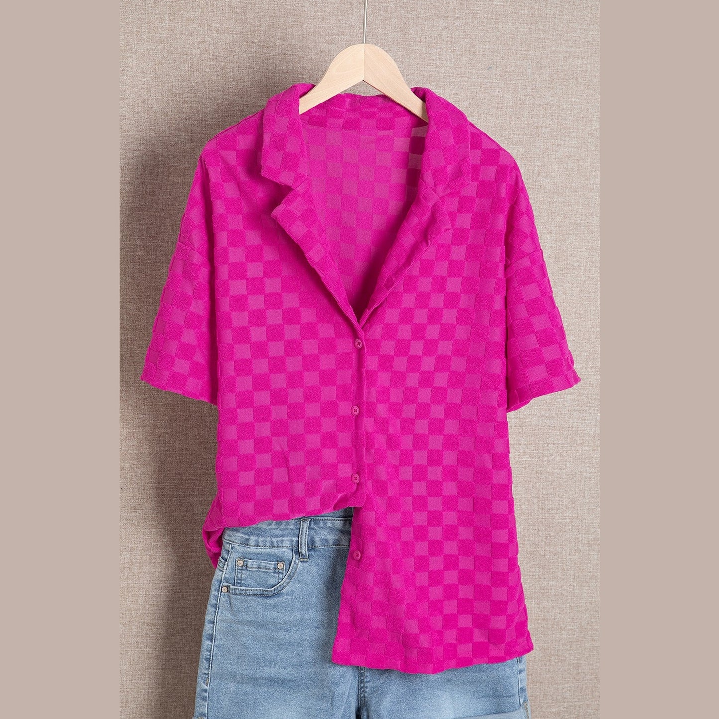 SALE!!!  Carsyn Bright Pink Lapel Neck Checkered Textured Short Sleeve Shirt   SALE!!!