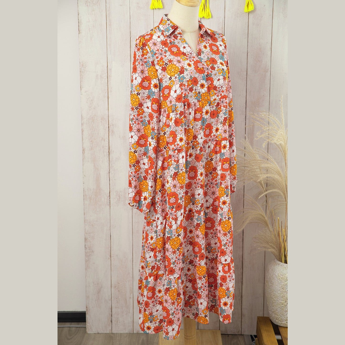 Cynthia Orange Multicolor Boho Floral Collared Long Sleeve Ruffled Dress