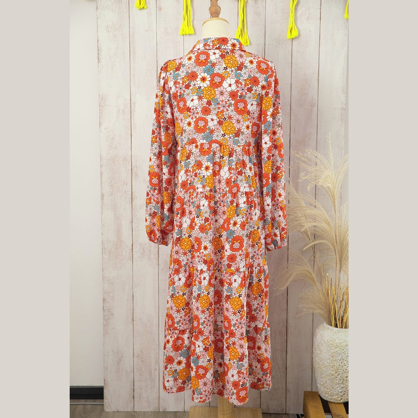 Cynthia Orange Multicolor Boho Floral Collared Long Sleeve Ruffled Dress