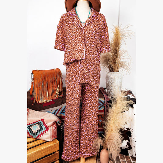 REDUCED!!!  Drusilla Leopard Print Short Sleeve Shirt and Pants Pajamas Set  REDUCED!!!