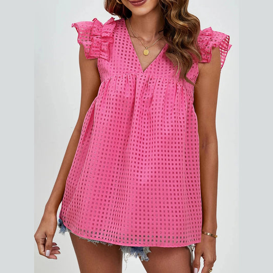 RTS Darianna Hot Pink V Neck Ruffle Babydoll Blouse