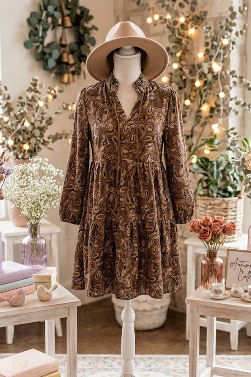 Shandra Brown Paisley Print Half Buttons Puff Sleeve Flowy Short Dress