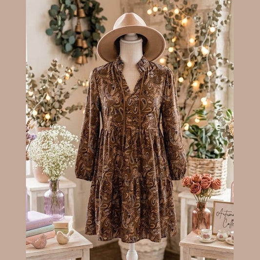 Shandra Brown Paisley Print Half Buttons Puff Sleeve Flowy Short Dress