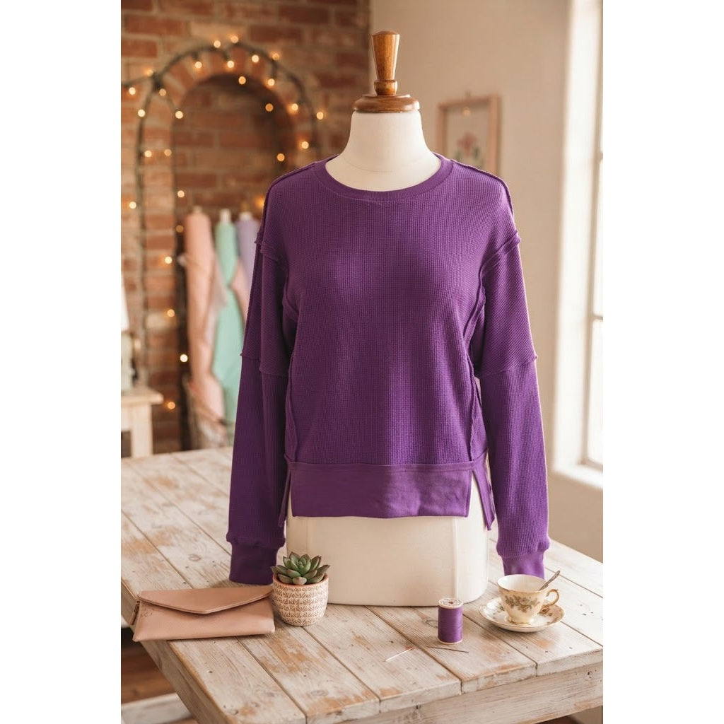 Clydie Orchid Mist Raw Seam Patchwork Ribbed Drop Shoulder Sweatshirt