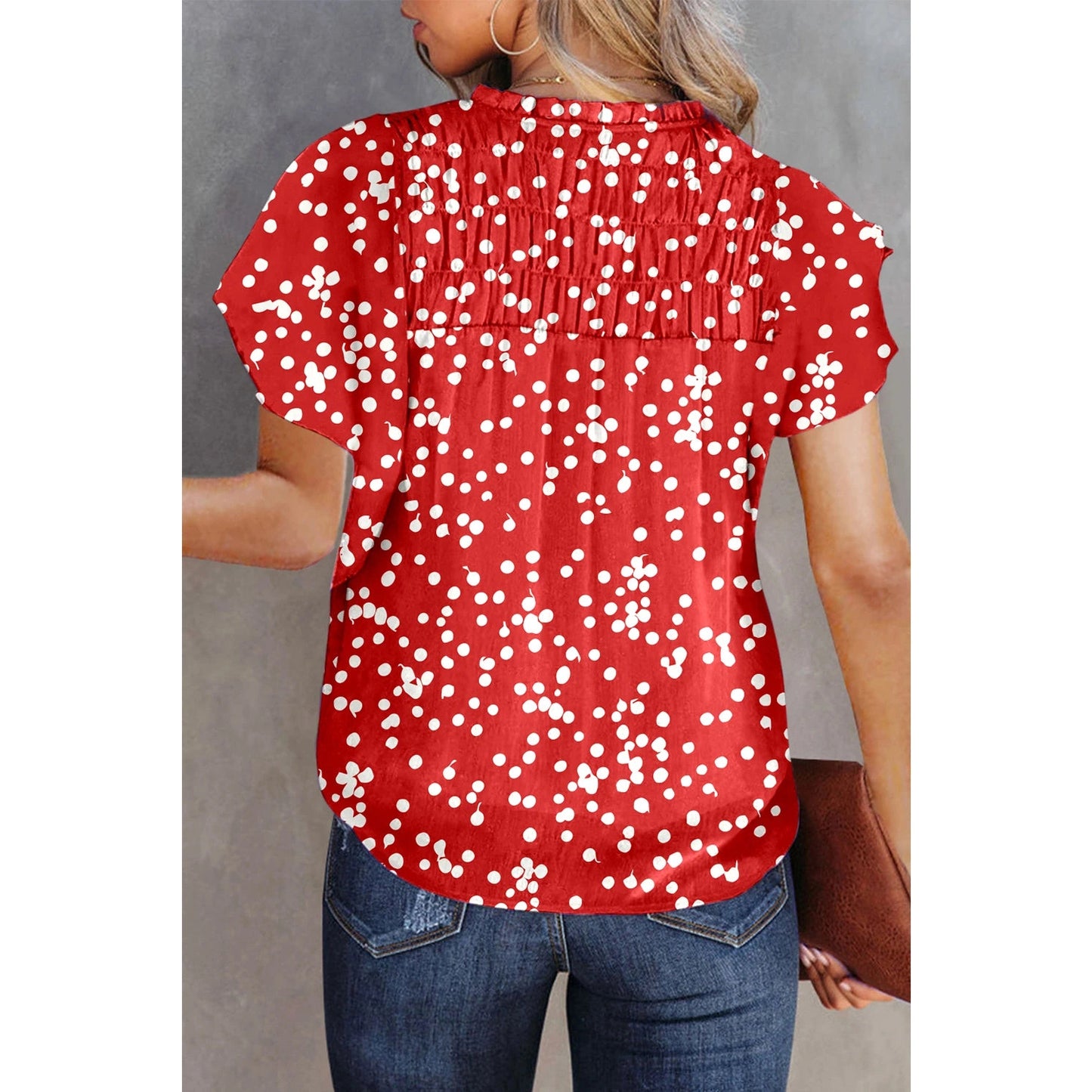 Priscilla Red Polka Dot Print Frilly Smocked Neck Short Sleeve Blouse