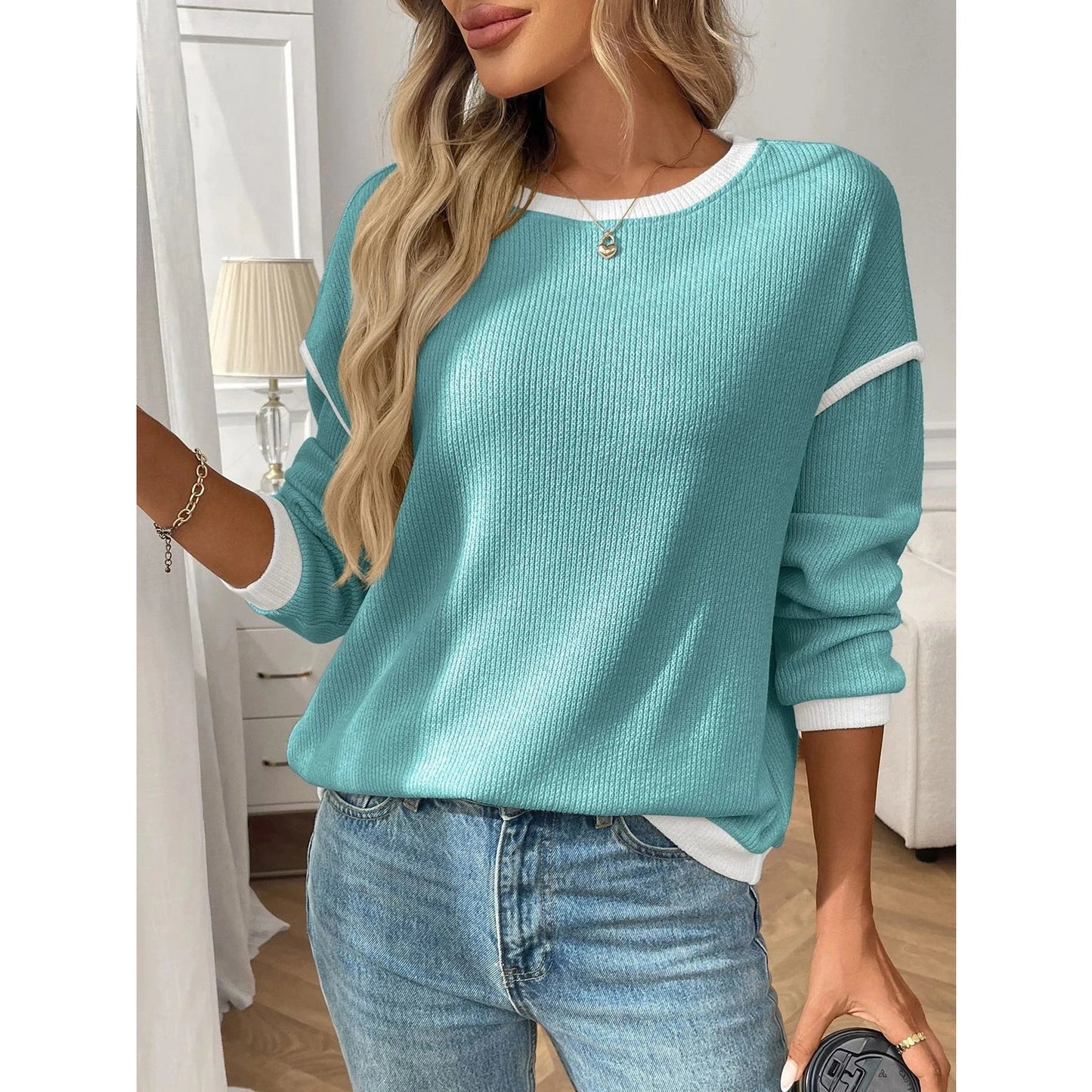 Dayten Lake Blue Contrast Color Trim Knit Drop Shoulder Loose Top