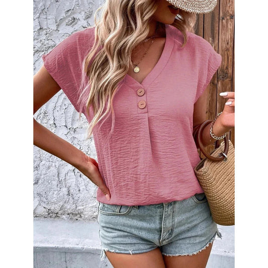 Derica Pink Short‑Sleeve V‑Neck with Button Detail