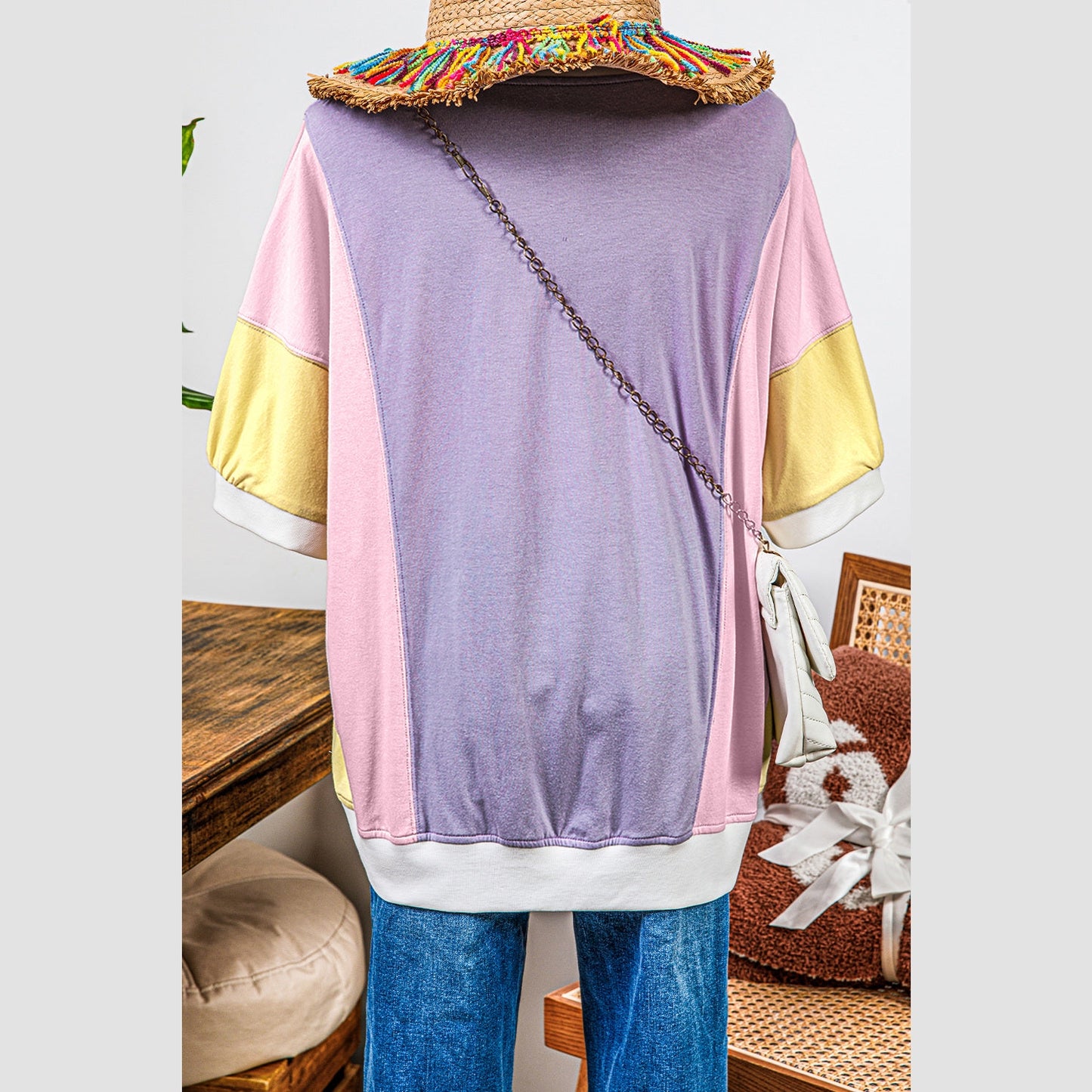 Delia Purple Color Block Patchwork Half Sleeve Oversized T Shirt