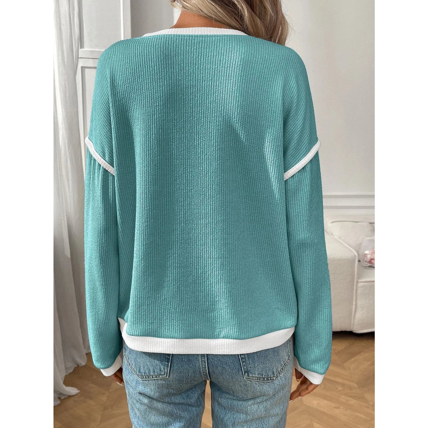 Dayten Lake Blue Contrast Color Trim Knit Drop Shoulder Loose Top