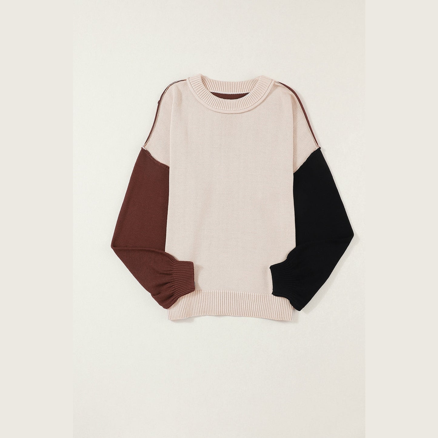 Junee Coffee Colorblock Bishop Sleeve Ribbed Trim Sweater