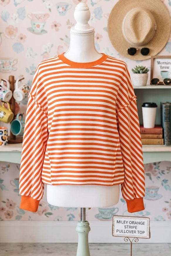 Miley Orange Stripe Exposed Seam Drop Shoulder Casual Pullover Top