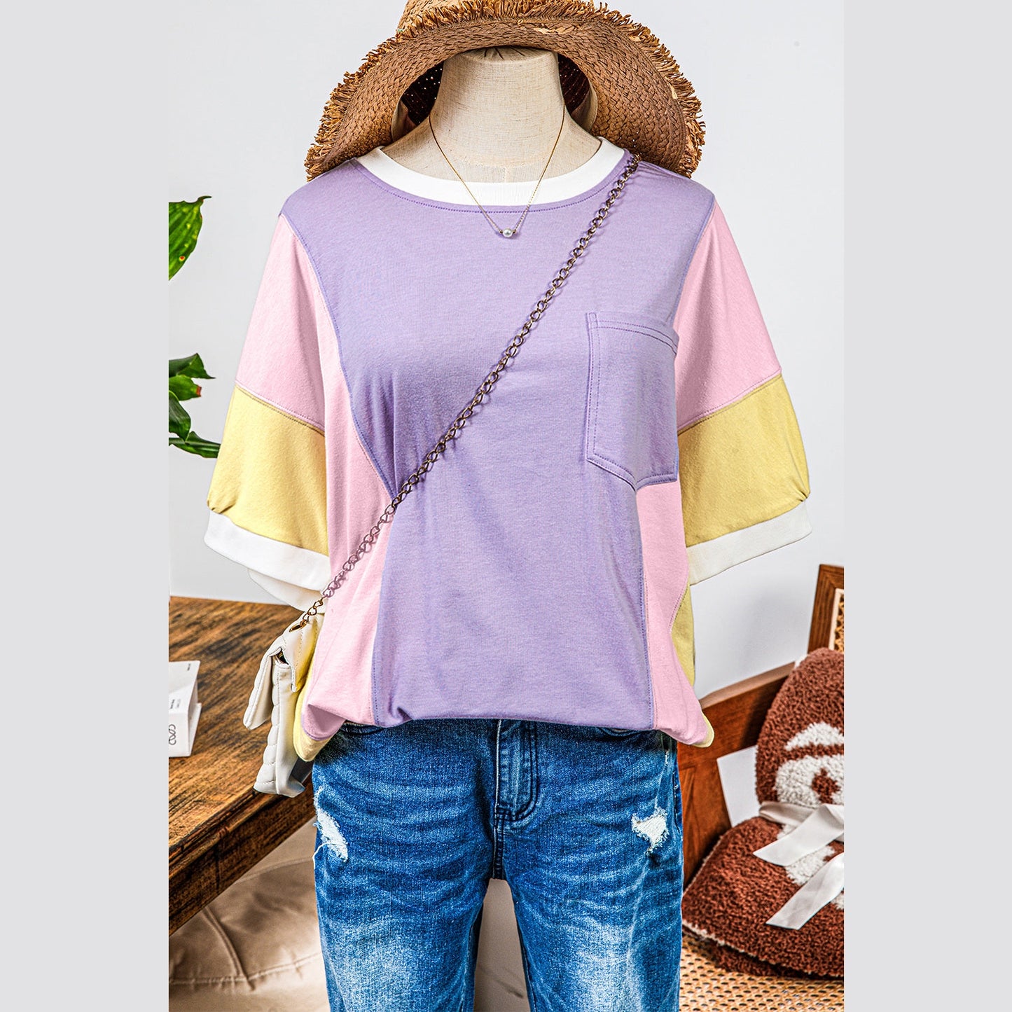 Delia Purple Color Block Patchwork Half Sleeve Oversized T Shirt