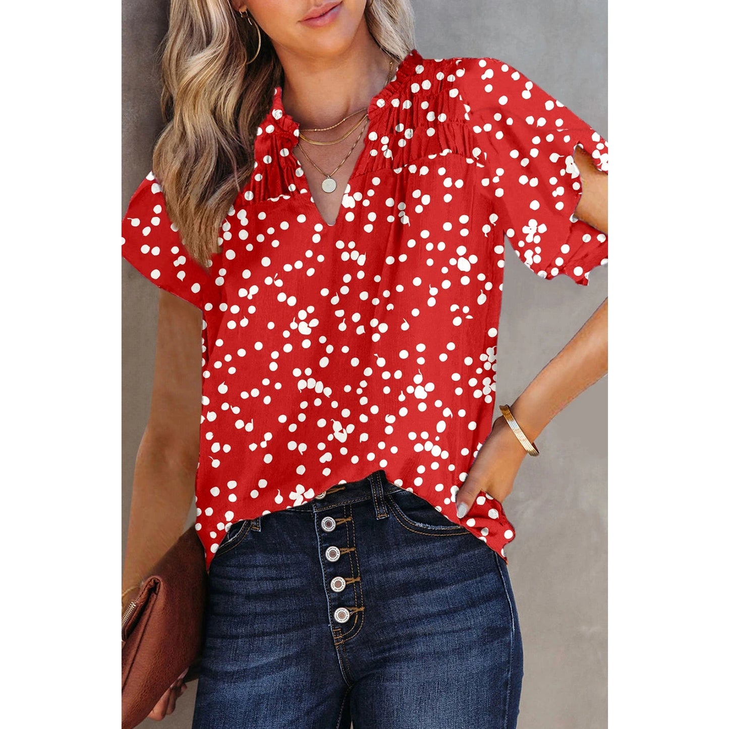 Priscilla Red Polka Dot Print Frilly Smocked Neck Short Sleeve Blouse