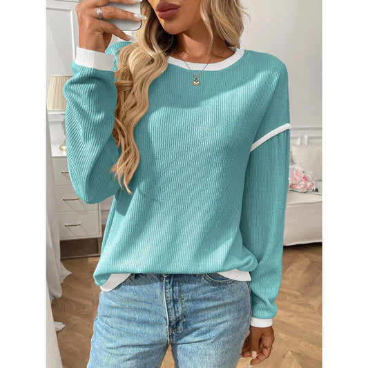 Dayten Lake Blue Contrast Color Trim Knit Drop Shoulder Loose Top