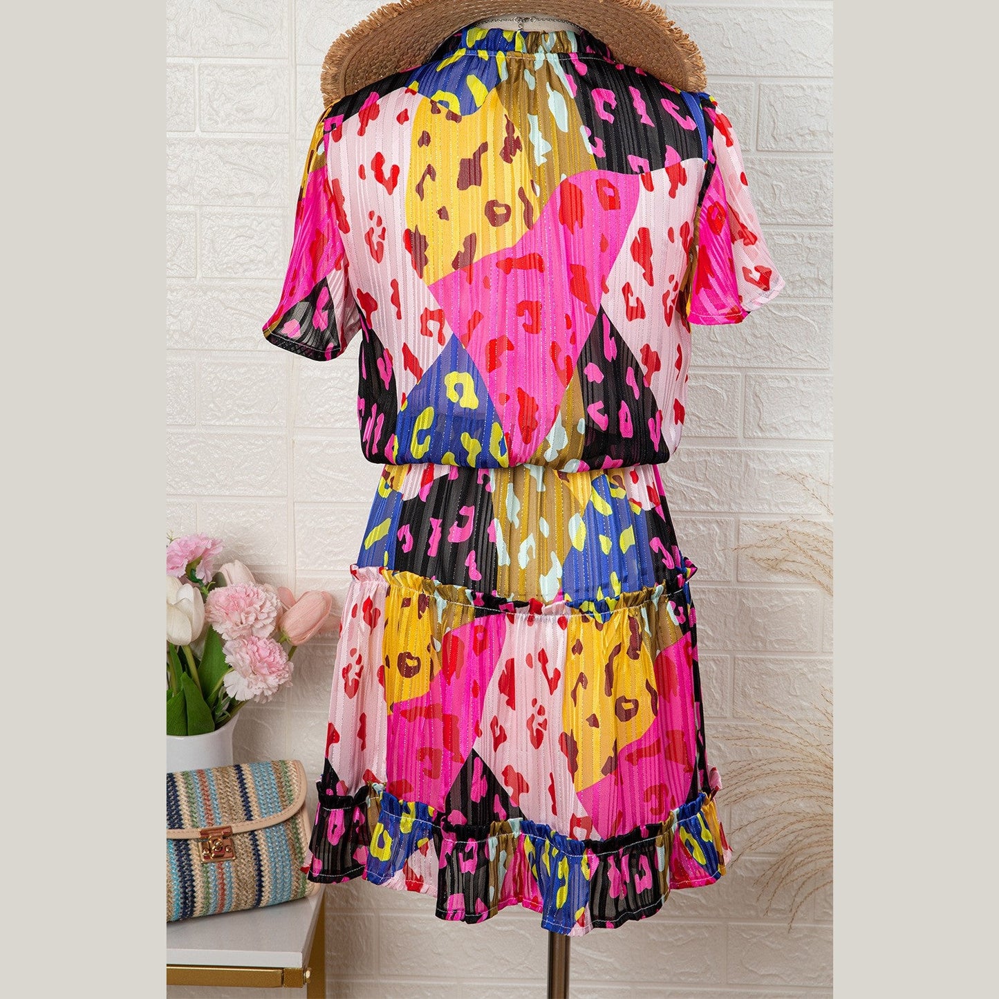 Daffy Leopard Print Short Sleeve Tiered Ruffle Mini Dress