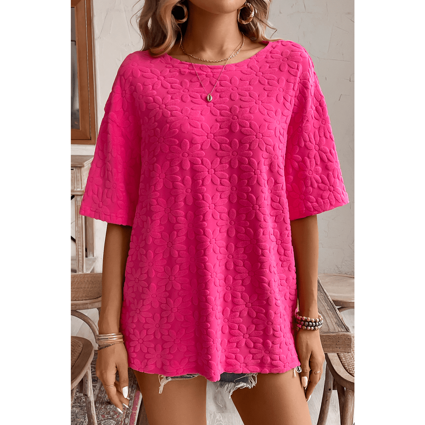 RTS Daisy Flower Jacquard Half Sleeve T Shirt XS, S, M, L