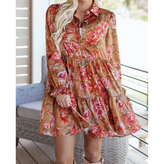SALE!!!  Dakota Vintage Floral Print Shirt Style Half Button Long Sleeve Ruffle Mini Dress