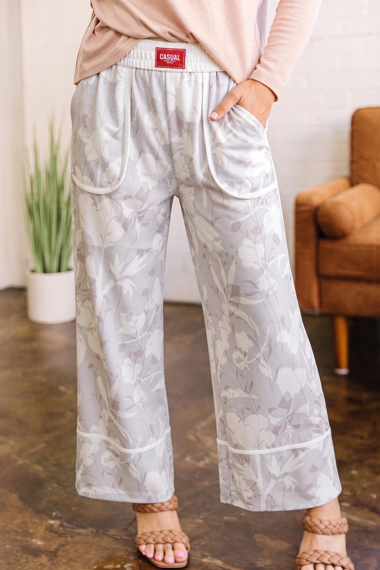 Dalla Grey Floral Print Wide Leg Ankle-Length Elastic Waistband Pants
