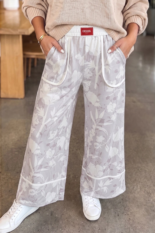 Dalla Grey Floral Print Wide Leg Ankle-Length Elastic Waistband Pants