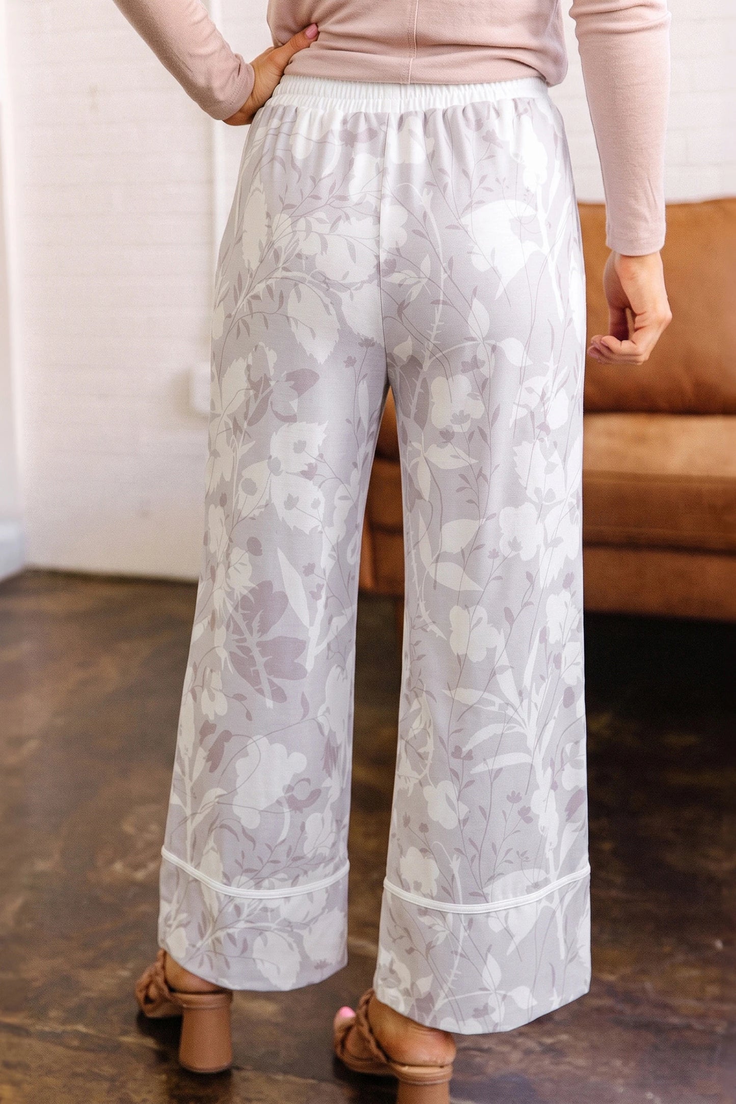 Dalla Grey Floral Print Wide Leg Ankle-Length Elastic Waistband Pants