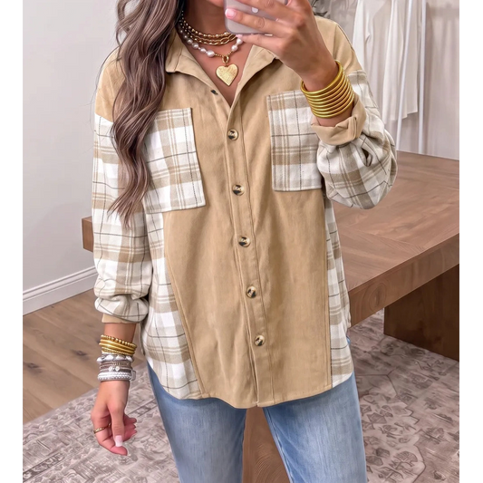 Dana Light French Beige Plaid Colorblock Shirt Collar Shift Shacket