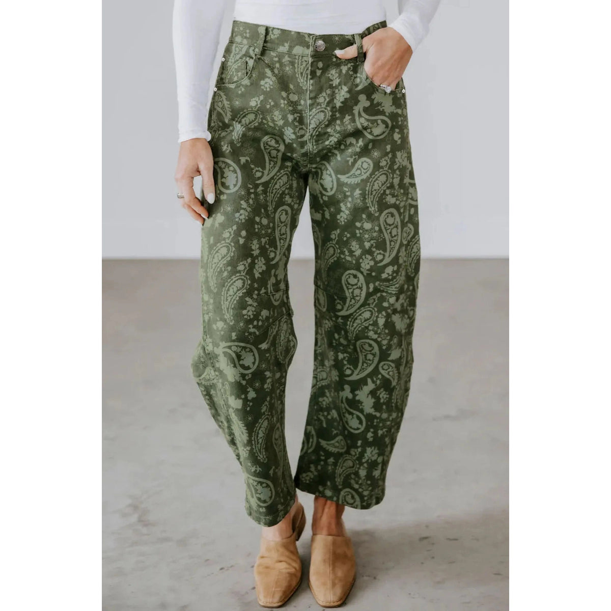Daney Green Paisley Print Harem Denim Pants