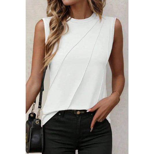 Danielle White Crew Neck Pleated Tank Top