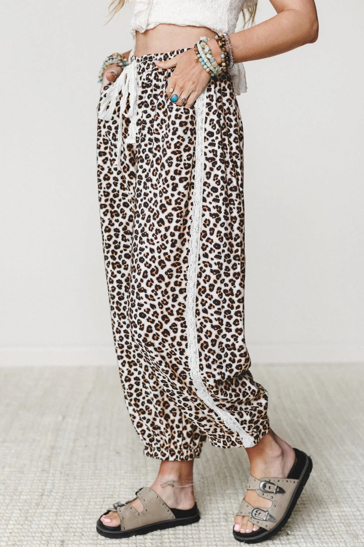 Danika Black Leopard Print Ankle-Length Elastic Waist Pants