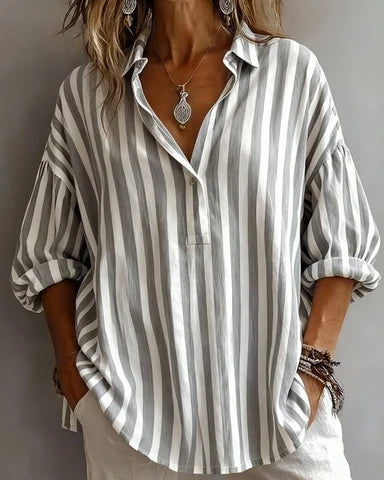 Danni Grey Striped Relaxed Fit Half Button Shirt