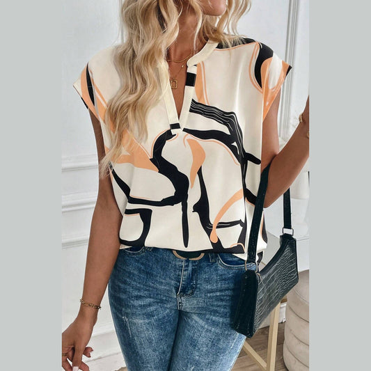 Darbie Abstract Print Notched Neck Sleeveless Top
