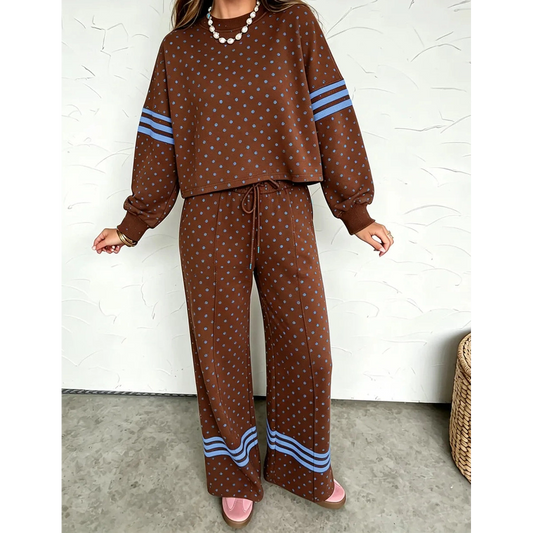 Daris Brown Polka Dot Print Colorblock Stripes Detail Relaxed 2pcs Pant Set