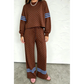Daris Brown Polka Dot Print Colorblock Stripes Detail Relaxed 2pcs Pant Set