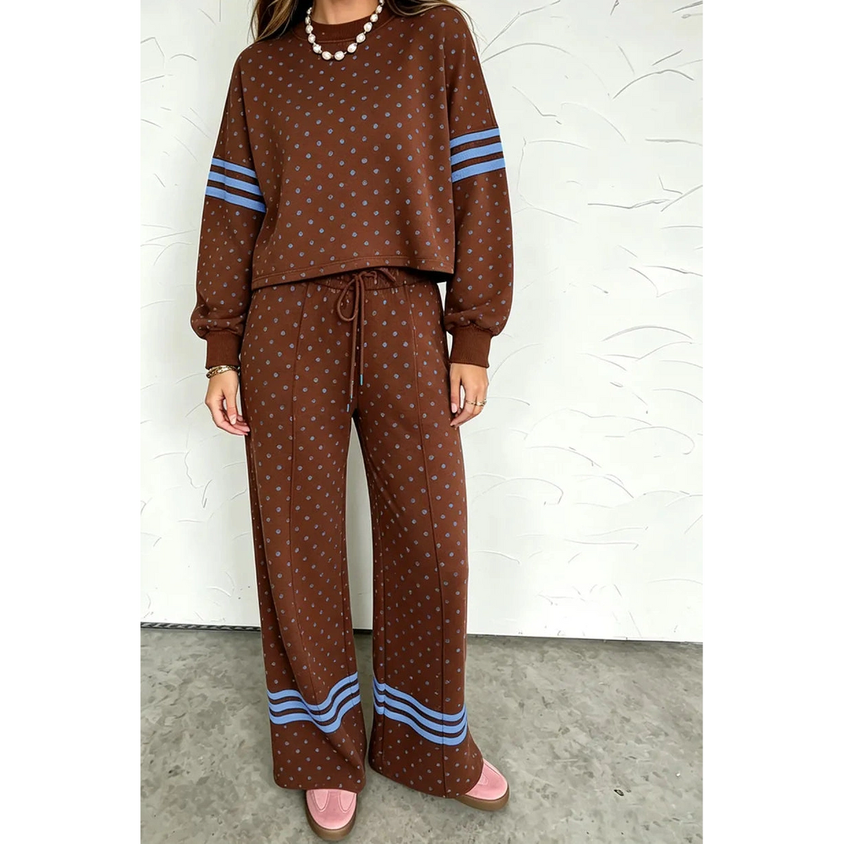 Daris Brown Polka Dot Print Colorblock Stripes Detail Relaxed 2pcs Pant Set