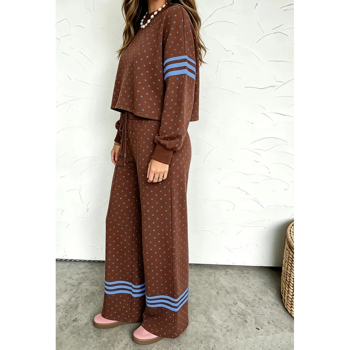 Daris Brown Polka Dot Print Colorblock Stripes Detail Relaxed 2pcs Pant Set