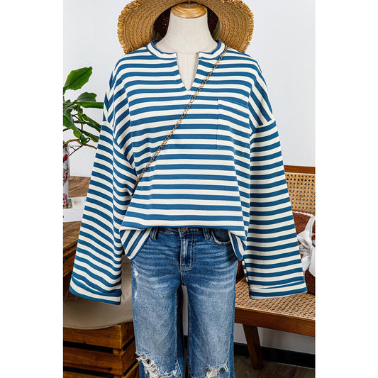 Darla Sky Blue Stripe Chest Pocket Buttoned Back Notched V Neck Top