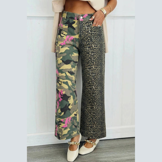 Darlo Abstract Camouflage Print Contrast Leopard Patchwork Straight Leg Jeans