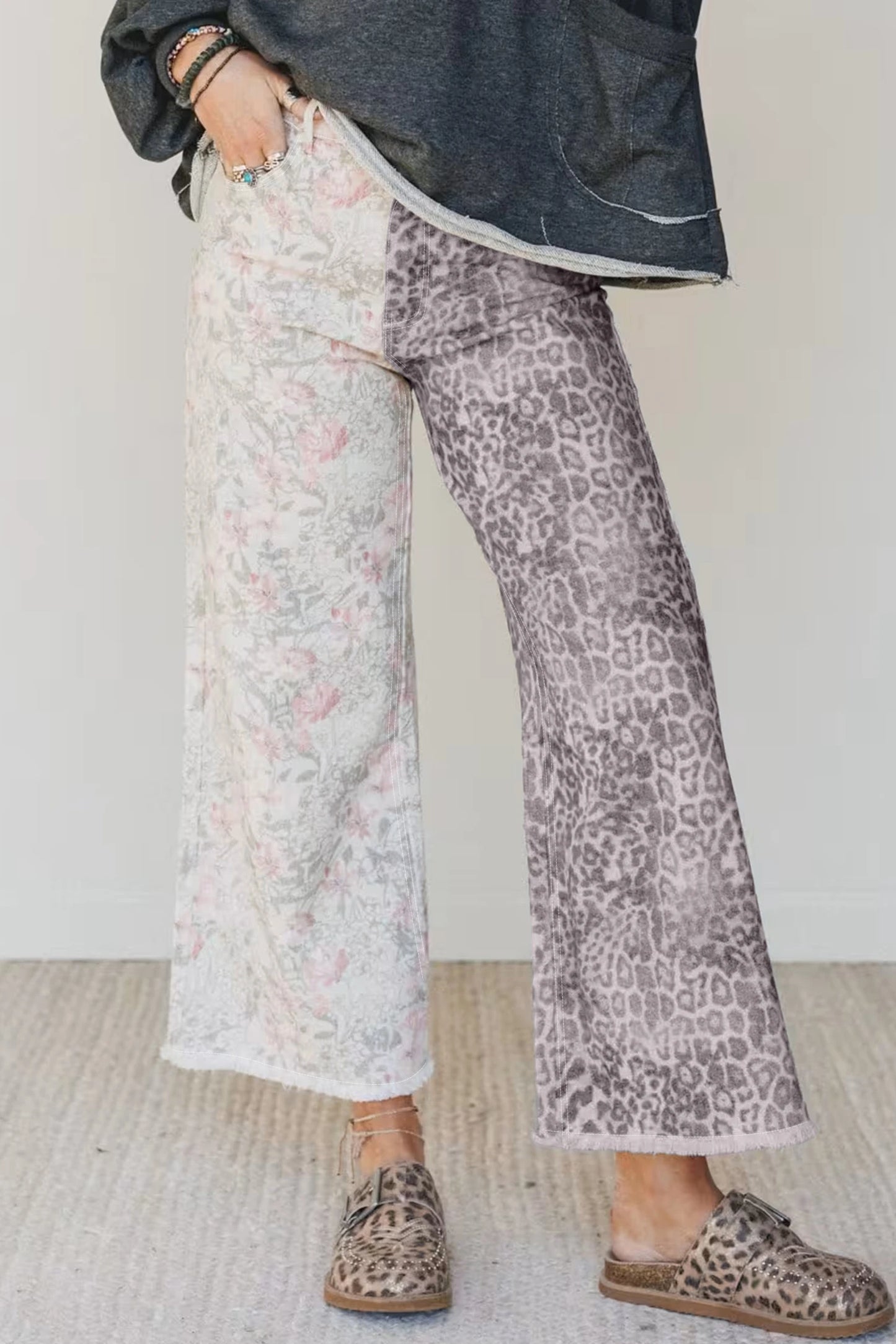 Darlo Abstract Floral Print Contrast Leopard Patchwork Straight Leg Jeans