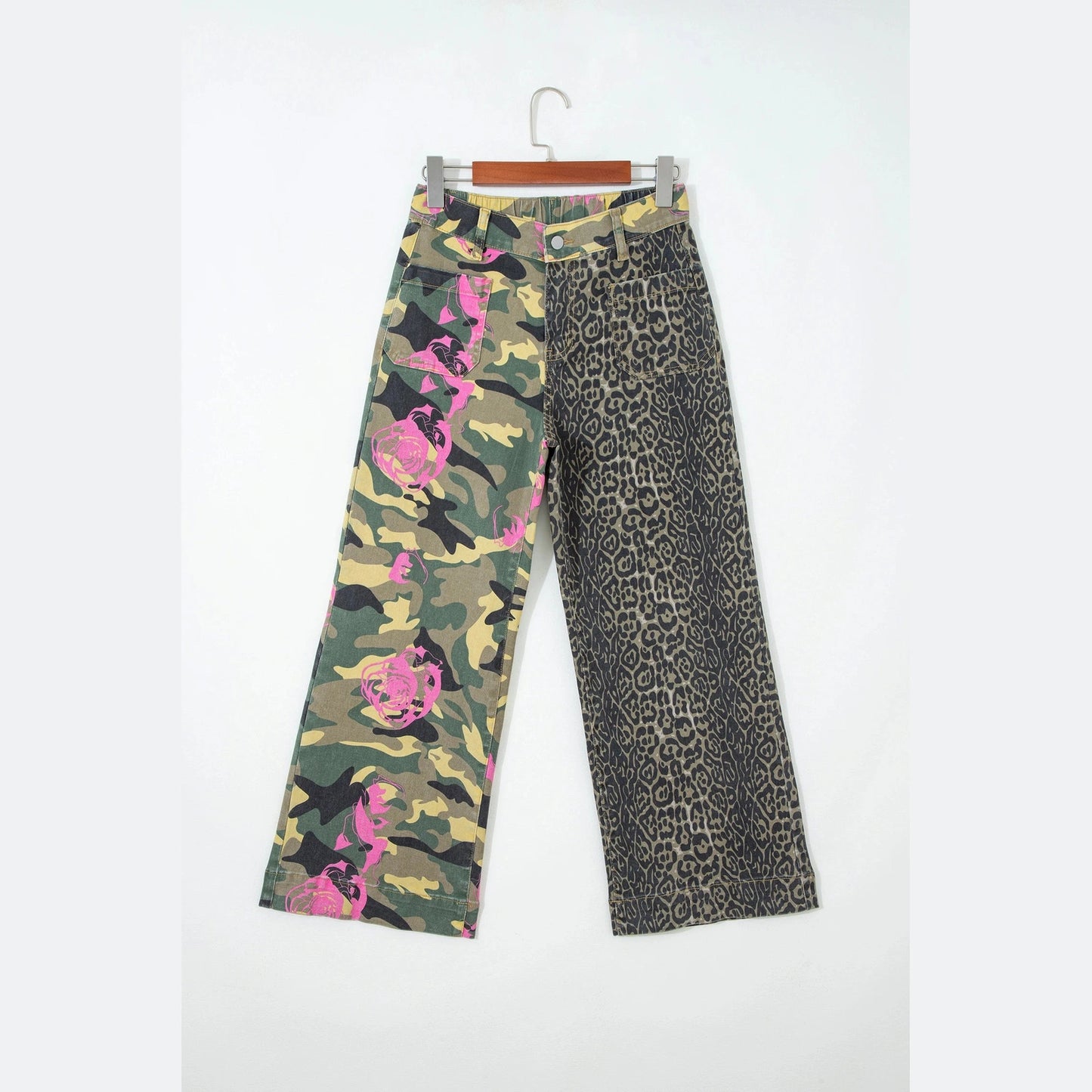 Darlo Abstract Camouflage Print Contrast Leopard Patchwork Straight Leg Jeans