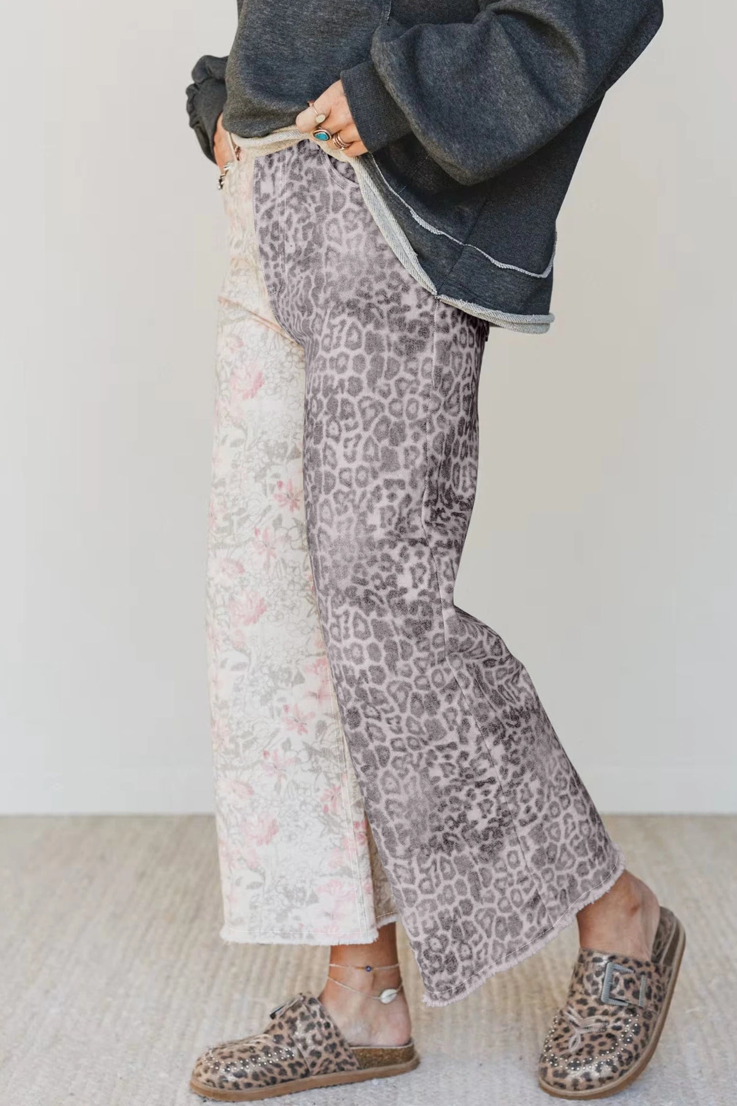 Darlo Abstract Floral Print Contrast Leopard Patchwork Straight Leg Jeans
