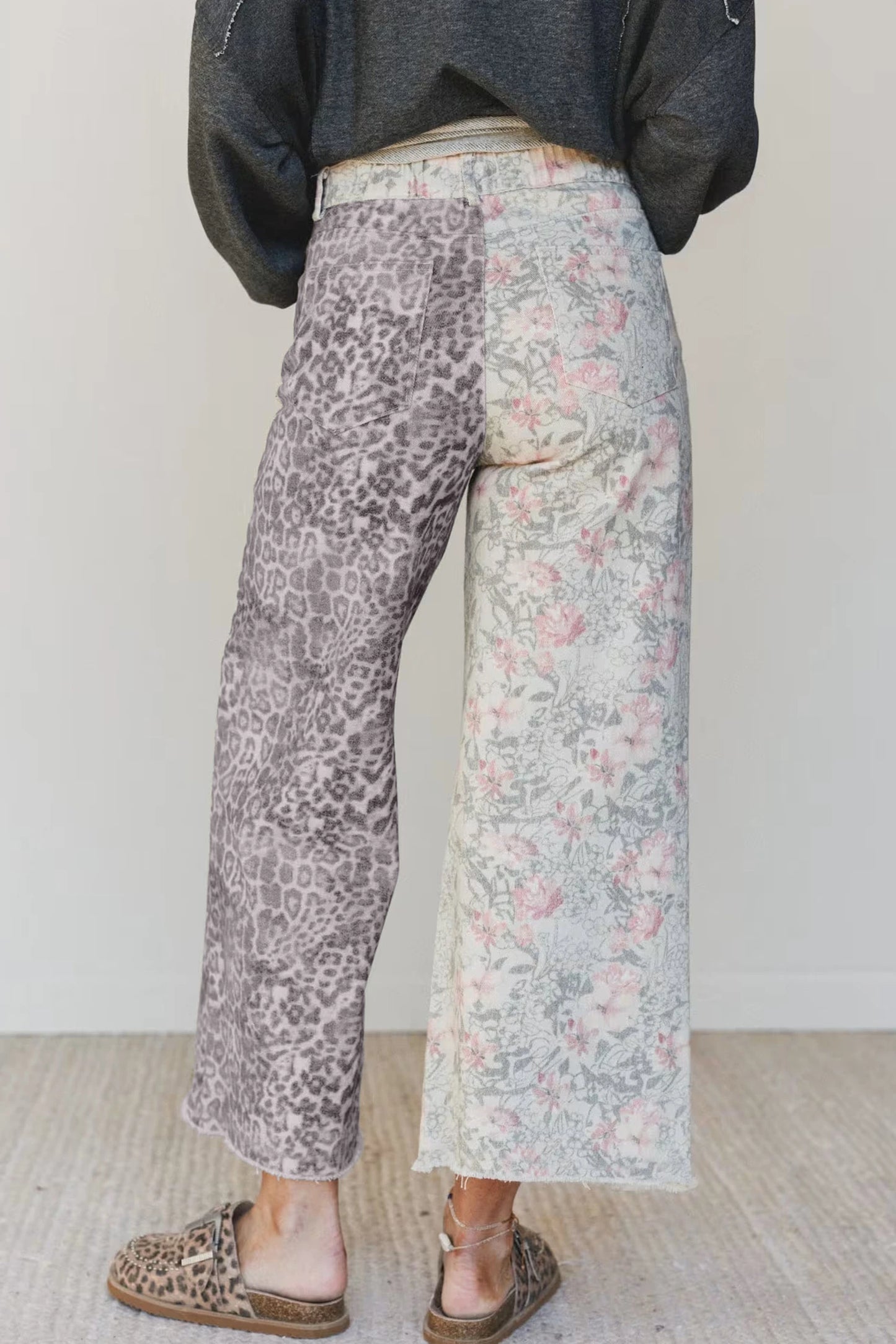 Darlo Abstract Floral Print Contrast Leopard Patchwork Straight Leg Jeans