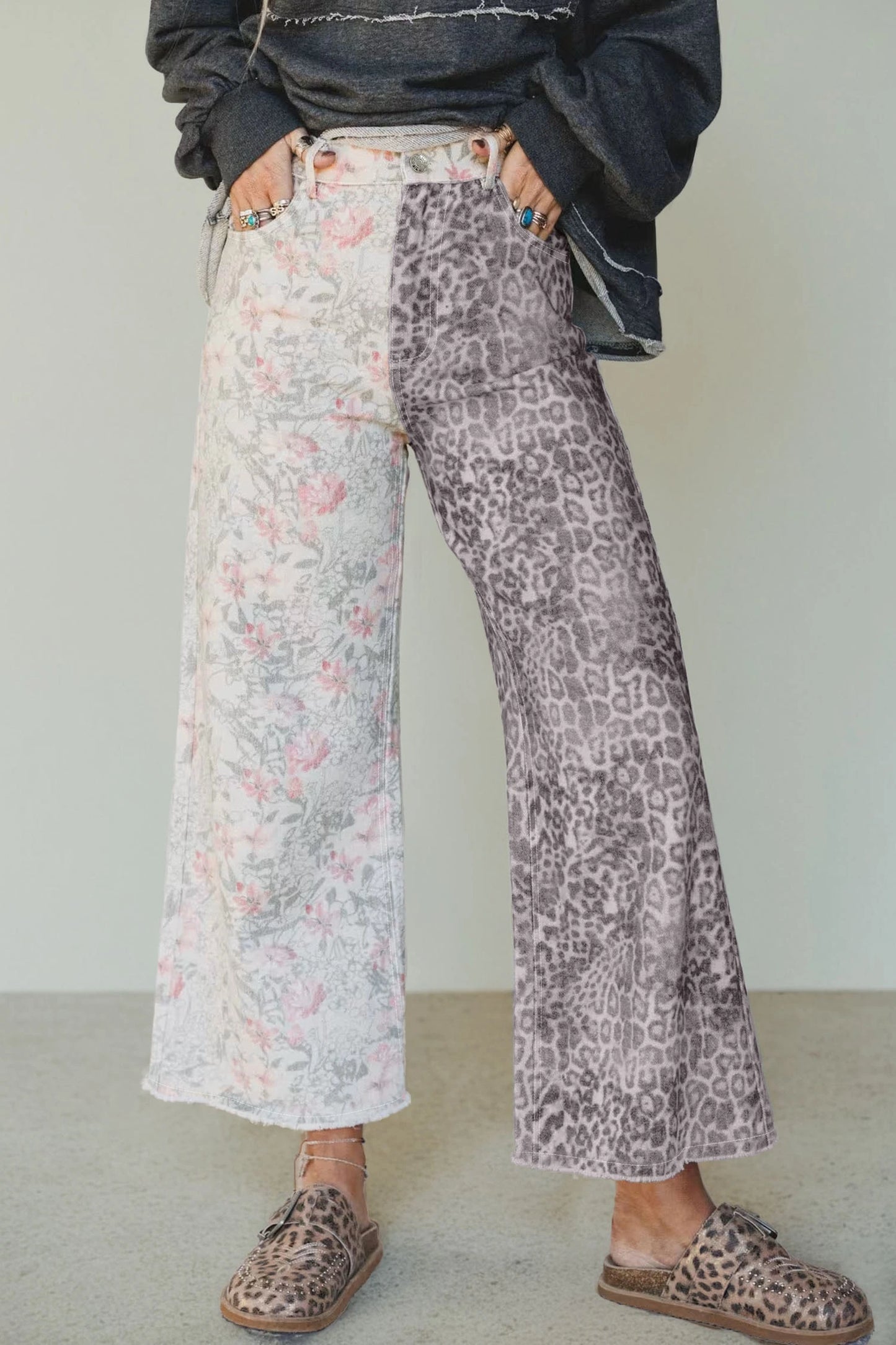 Darlo Abstract Floral Print Contrast Leopard Patchwork Straight Leg Jeans