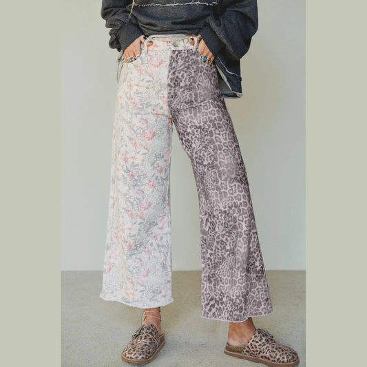 Darlo Abstract Floral Print Contrast Leopard Patchwork Straight Leg Jeans