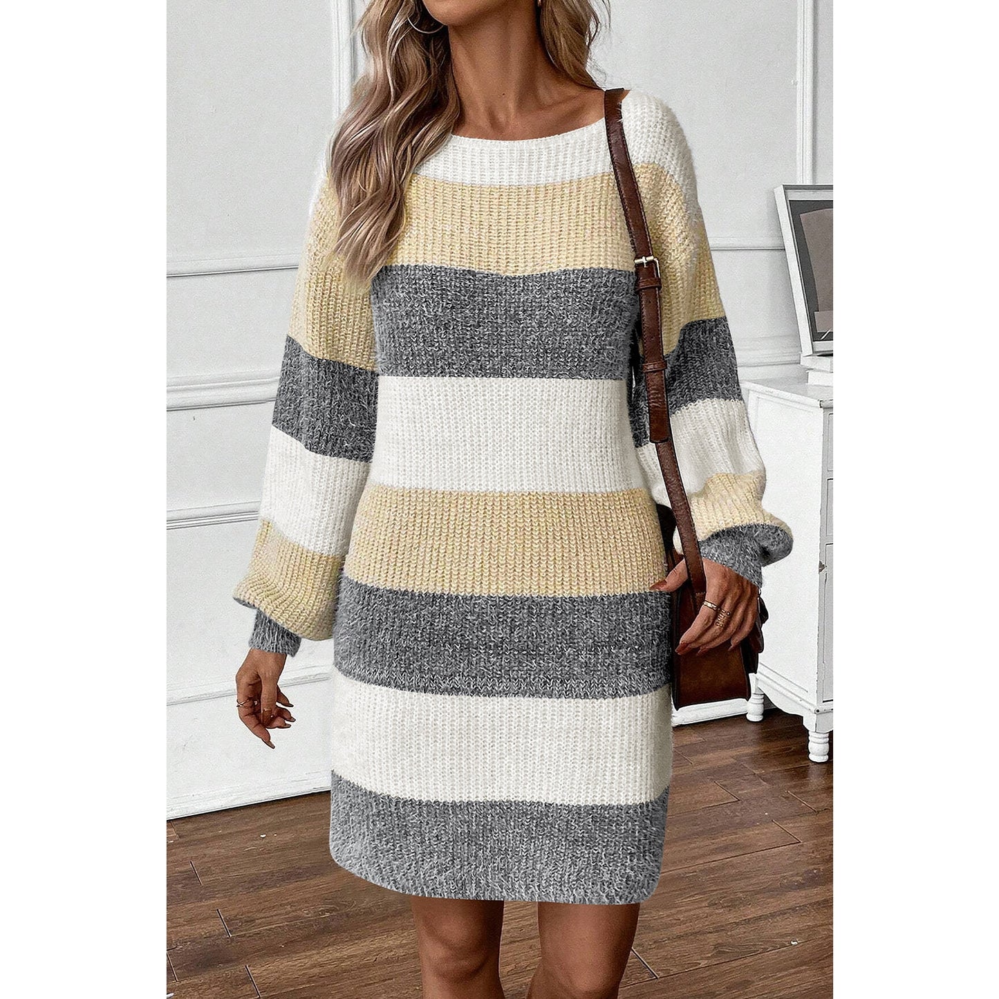 Darva Stripe Colorblock Bubble Sleeve Drop Shoulder Sweater Dress