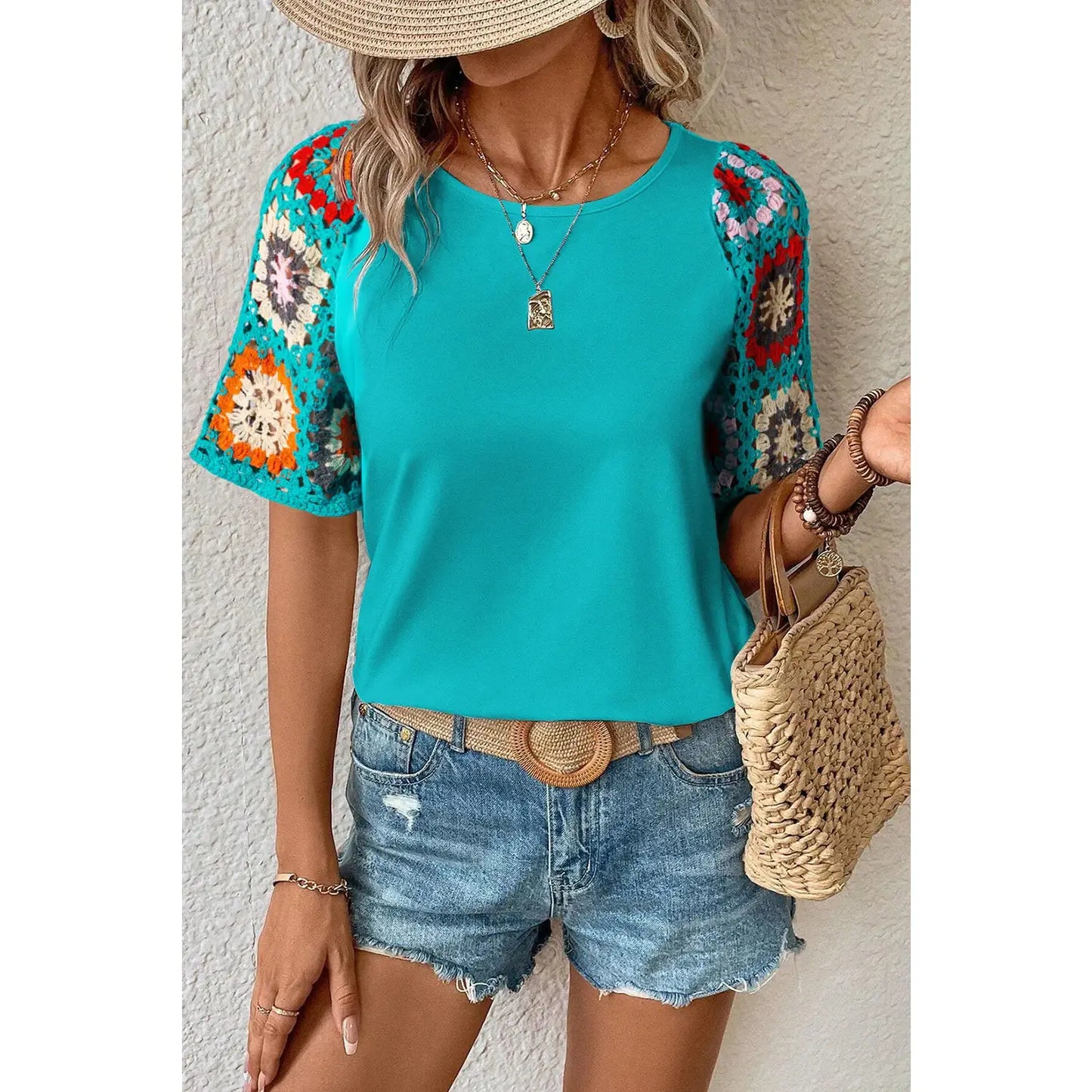 Dawn Turquoise Floral Crochet Short Sleeve Top