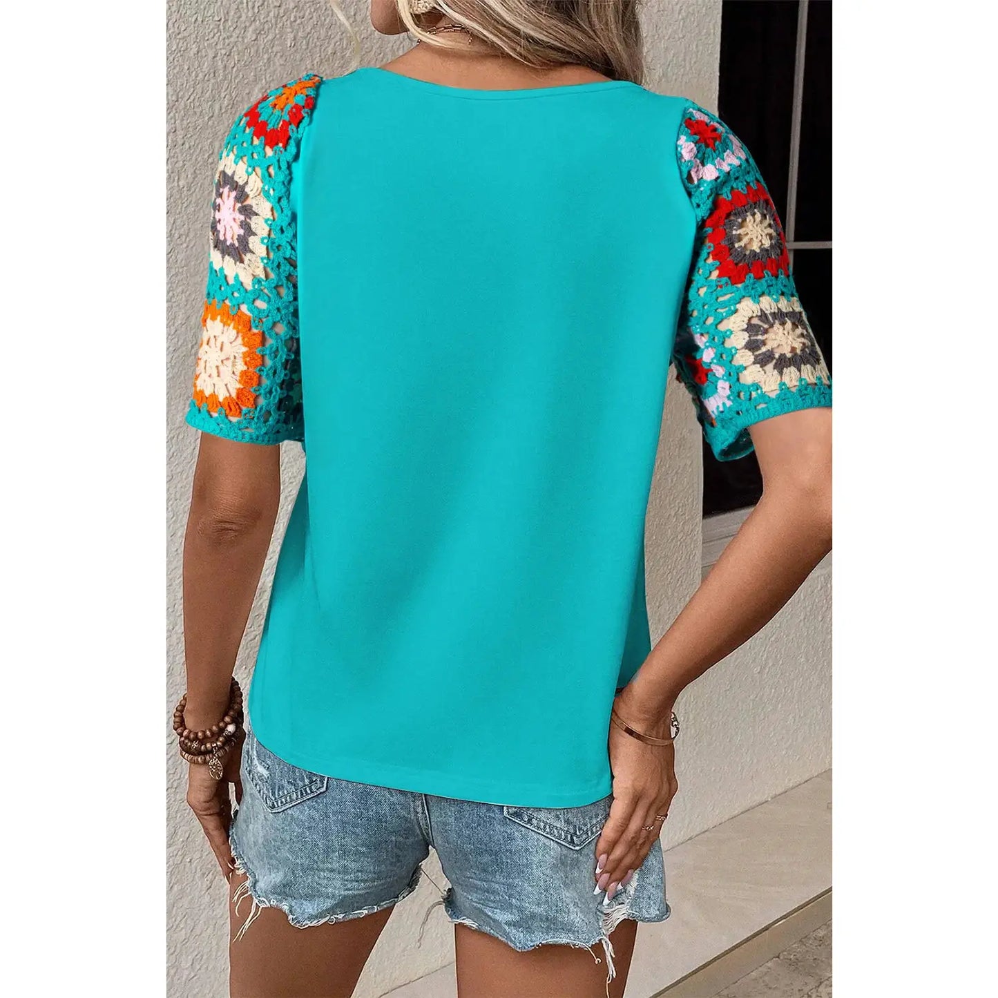 Dawn Turquoise Floral Crochet Short Sleeve Top